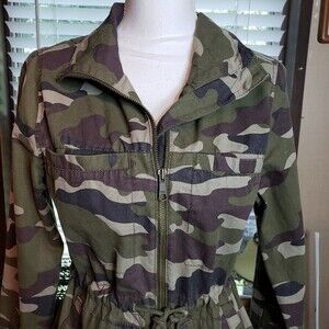 Old Navy Green Denim Camo Peplum Jacket Drawstring Waist Womens S Petite Small
